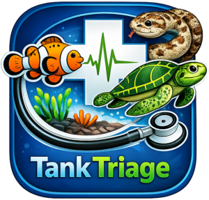 High-resolution aquatic veterinary-themed favicon featuring a white medical cross with a green ECG line at center, surrounded by a bright orange clownfish on the left, a green sea turtle on the right, and a small hog-nosed snake coiled along the top edge; a stethoscope curves along the bottom with subtle underwater elements like plants, coral, bubbles, and a deep blue rounded-square background.